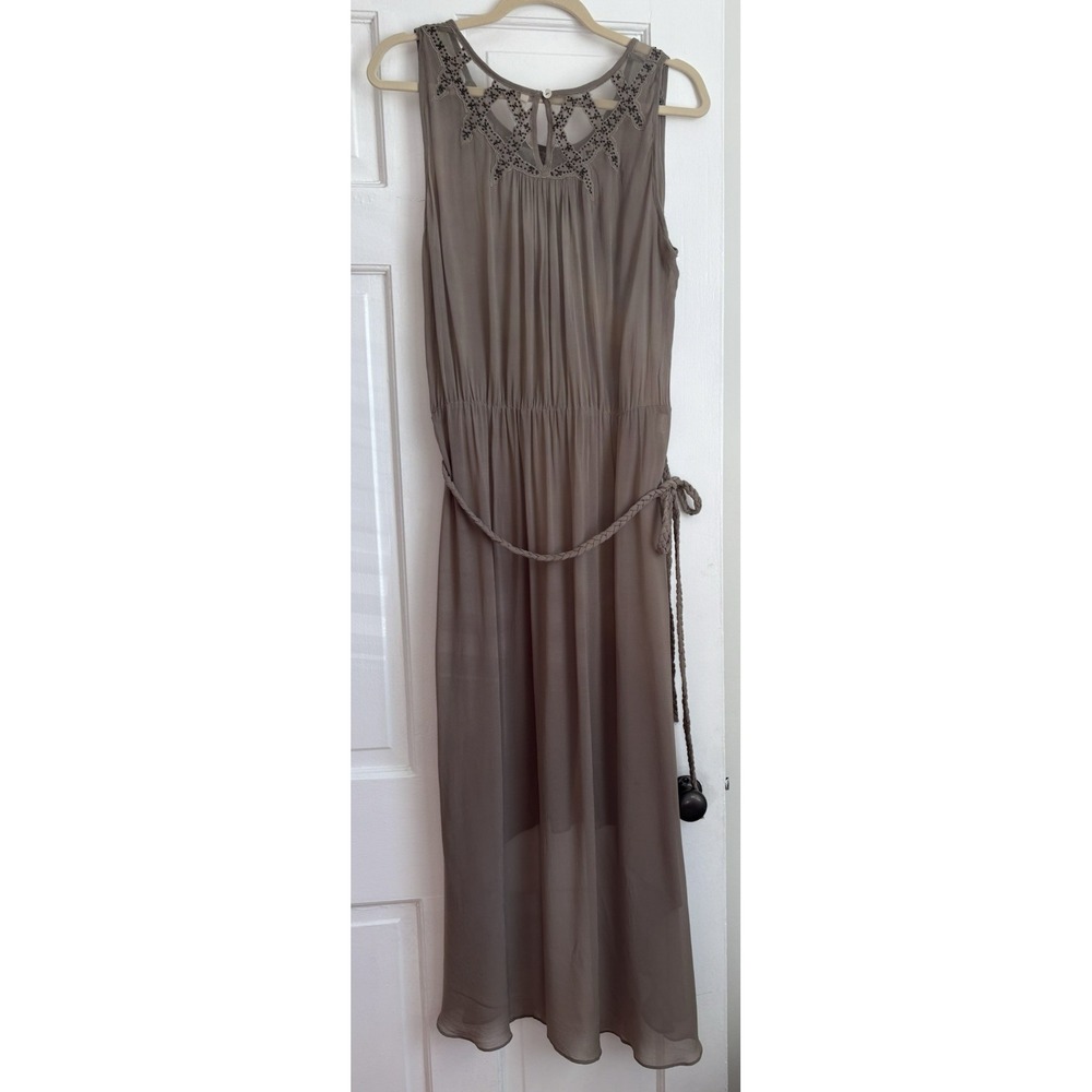 Willow & Clay Beaded Mesh Neckline Sleeveless Midi Dress Taupe Brown WD5713-300